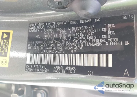 2013 Toyota Highlander Base Plus z USA, uszkodzony, nr VIN 5TDZA3EH4DS043215